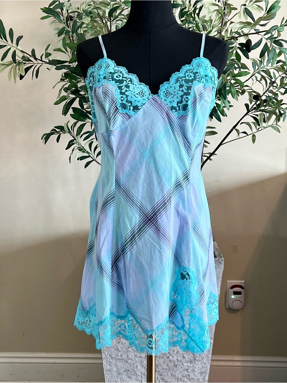Victoria's Secret Aqua Plaid Lace-Trim Slip